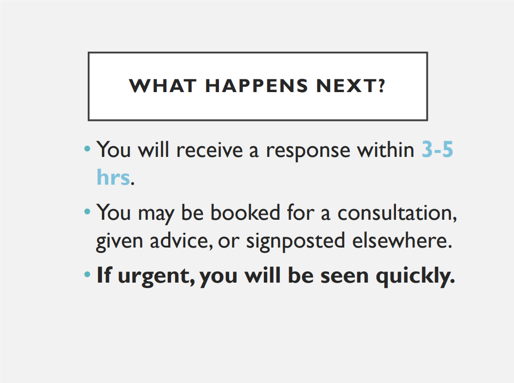 What happens next? You will receive a response within 3-5 hrs. You may be booked for a consultation, given advice, or signposted elsewhere. If urgent, you will be seen quickly.